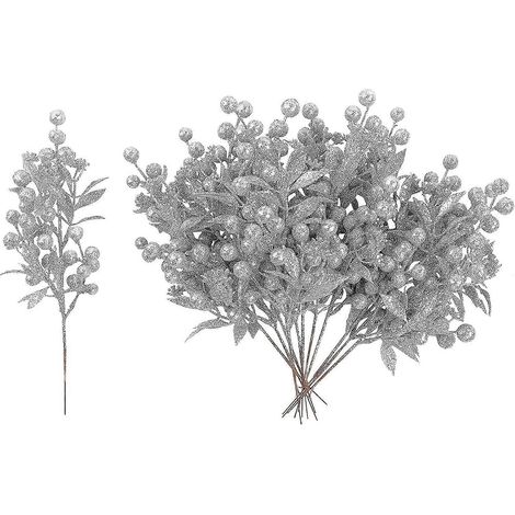 Silberne Weihnachtszweige, Dekorationen, Blumengestecke, 20er-Set, glitzernde Zweige für den Weihnachtsbaum