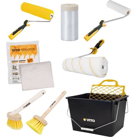Vito – Kit de peinture 8 outils – Seau 16L avec échelle – Film masquage 1,4 x 35m – Bâche protection 5 x 4m – Rouleaux et brosses inclus (1/5)