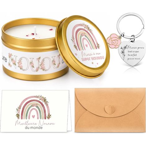 Set de 4 Cadeaux de Merci pour 1 Bougie Parfumée de Remerciement 1 Porte-Clés 1 Carte de Vœux et 1 Enveloppe pour Femme Adieu Fin de Contrat Anniversaire Thanksgiving Noël (1/5)