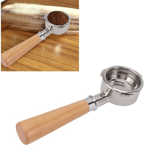 Portafiltro sin fondo de acero inoxidable de 58 mm con 3 soportes y mango de madera natural para cafeteras Barsetto serie A2 en madera de haya - Compatible con portafiltros de 58 mm. (1/5)