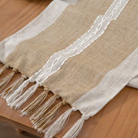 (Coffee, 180cm) Embroidered Cotton Linen Table Runner Indoor Outdoor Farmhouse Style Coffee Table Runner 180cm with Handmade Tassels for Party, (1/5)