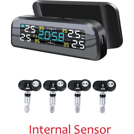 Système de surveillance de la pression des pneus (interne) universel sans fil avec capteurs pour véhicules, alimentation solaire, horloge et écran LCD. 4 capteurs externes pour véhicules. (1/5)