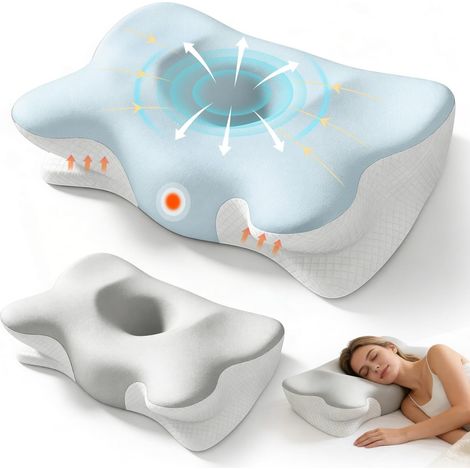 Oreiller en mousse à mémoire de forme en forme de papillon, oreiller à mémoire de forme à rebond lent, oreiller de santé, coussin cervical (surface en soie grise, motif losanges blancs)