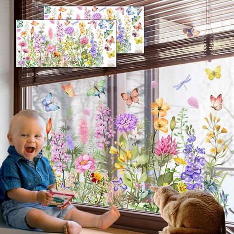 2 pezzi - Adesivi per finestre con giardino fiorito - Adesivi per finestre con fiori e motivi primaverili - Adesivi murali con piante - Bifacciali - Adesivi murali - Statici (1/5)