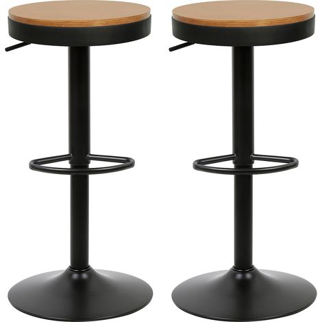 Yongqing – Lot de 2 tabourets de bar vintage en bois noir – Repose-pieds et siège réglable – Siège pivotant 360° – Hauteur ajustable 55-75 cm (1/5)