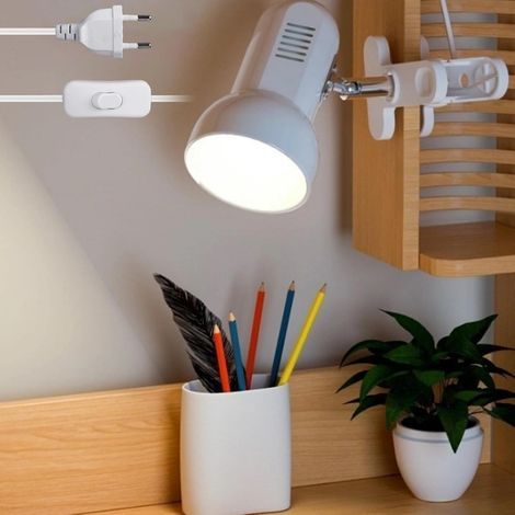 Adjustable clip-on lamp: E27 ceramic socket, white clip-on desk lamp with plug and switch, bedside lamp for reading, working and studying (bulb not included) (1/5)