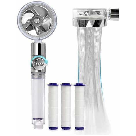 Douchette, Pommeau de Douche Anti Calcaire Economie Deau, Pommeau de Douche Helice Haute Pression Pivotant à 360 °, Filtre à Trois Niveaux Système de Filtrage Avec,3 Coton PP Remplaçable (Silver) (1/5)