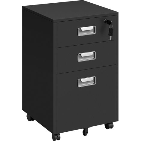 Yaheetech Cassettiera da Scrivania con Serratura con 3 Cassetti Salvaspazio Archivio Schedario Portadocumenti Mobiletto Rimovibile con Ruote Fissabili per Formato A4 Ufficio Studio 40x40x66 cm Nero