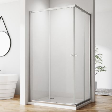Duschkabine Eckeinstieg 90x80 cm Schiebetür Duschabtrennung Eckeinstieg Doppel Schiebetür, 6mm ESG Sicherheitsglas, Duschwand Höhe 185cm, LINKS & RECHTS MONTIERBAR