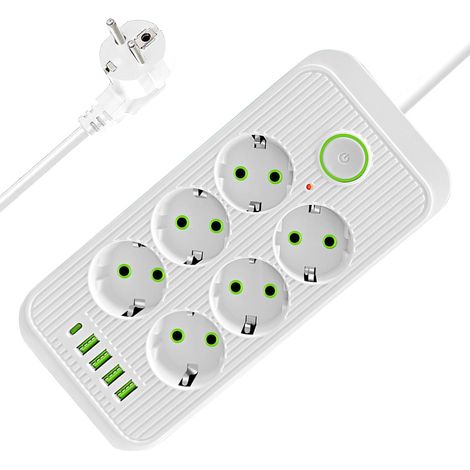 Steckdosenleiste, USB-Steckdosenleiste mit 6 Steckdosen, 4 USB-Anschlüssen, flache Steckdosenleiste mit Schalter, Überspannungsschutz, 10 A 2500 W, 2 m Verlängerungskabel (1/5)