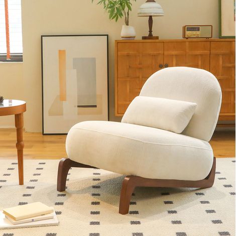Silla tapizada sin reposabrazos en tejido efecto terciopelo blanco con patas de madera maciza, para salon, dormitorio y balcon,86,9x72,1x69,9 cm (1/5)