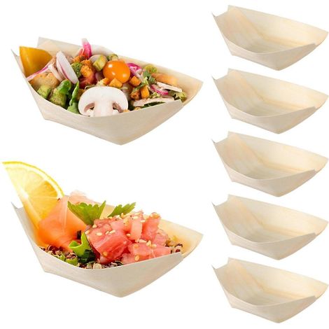 150 pièces de barquettes à sushis jetables, assiettes à apéritif, plateaux en bois, assiettes plates en bois pour sushis et sakés (1/5)