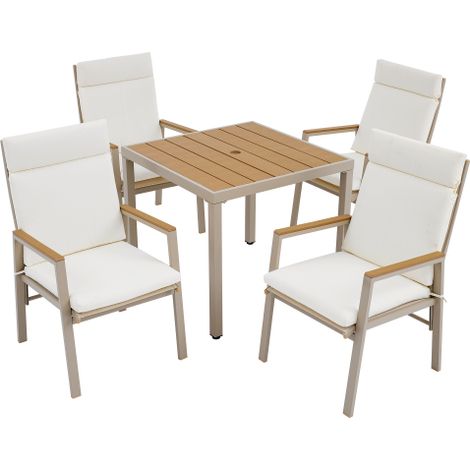 Garten Essgruppe 4 Personen, Gartenmöbel-Set mit Tisch und 4 Stühlen, Verzinktes Eisen, Kunststoffholz-Tischplatte, Khaki/Beige