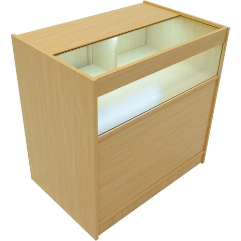 Mostrador Comercial con Luz LED B900  MDF Color Arce y Vidrio Templado  90x60x90cm  3 estantes  Puertas con cerradura  Ideal para tiendas y comercios  Fácil Montaje  Mostrador Recepción Expositor