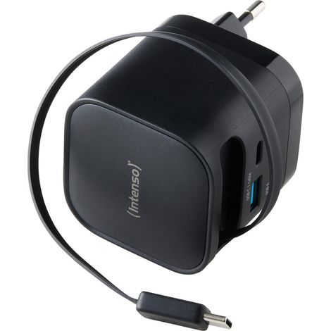 Intense Cargador usb-c w65acic 65w gan usb usb-c negro + cable usb-c retractil (1/4)