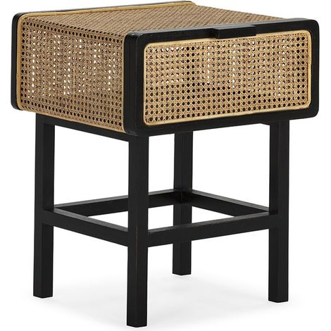 Table de chevet en bois et rotin canné - noir et naturel (1/5)