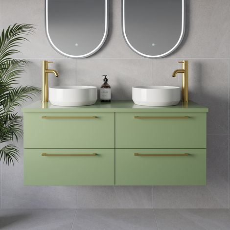 Napoli 460 Olive Green 1200mm Wall Mounted 4 Drawer Vanity Unit for Countertop Basins - 1200mm - Brushed Brass 320mm Handle