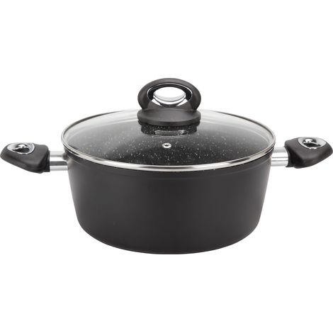 Faitout diam. 24 cm en aluminium forgé revêtement noir anti-adhérent sans PFOA aspect pierre couvercle en verre tous feux dont induction (1/3)