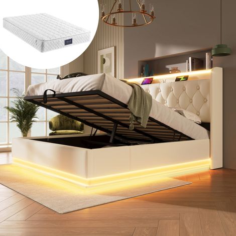 Lit double 140x200 – LED 360° – PU blanc – Coffre hydraulique – USB-C – Avec matelas (1/5)