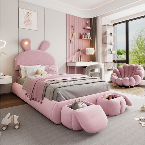 Cama infantil individual 90x200 cm de terciopelo rosa, ahorro de espacio, FloraGrace (1/5)