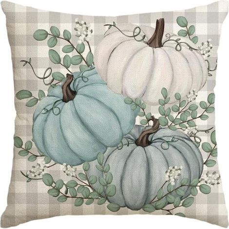 Housse de coussin décorative à carreaux Buffalo, motif citrouille et feuilles d'eucalyptus, 30 x 50 cm, décoration automnale pour Thanksgiving, idéale pour les canapés. (1/5)