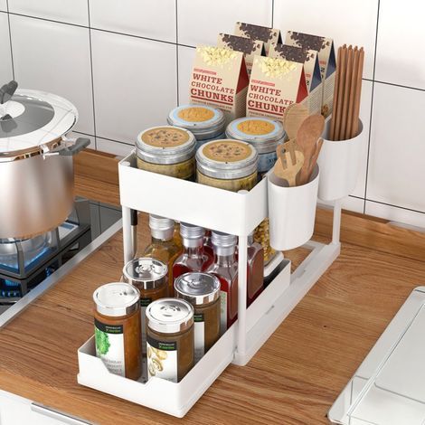 Rangement Sous Évier - 2 niveaux organisateur sous evier cuisine, Tiroir Coulissant Cuisine, Rangement Et Organisation De Cuisine, Blanc, 1 article (1/5)