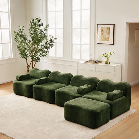 Canapé d'angle convertible 4 places avec pouf velours vert (1/5)