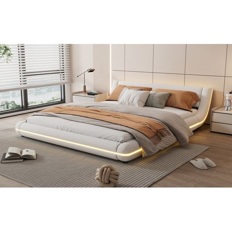 Lit plateau 160x200 cm en PU blanc avec éclairage LED intégré et cadre au sol (1/5)