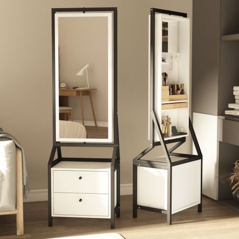 Armoire à bijoux rotative à 360° avec miroir pleine hauteur, deux tiroirs inférieurs et un vaste espace de rangement. (1/5)