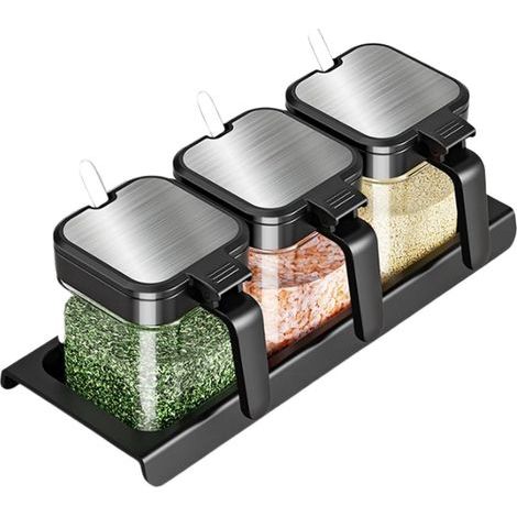 Pot à épices Récipients à épices avec couvercles et cuillères 300ml Pots à épices en verre transparent Récipient à sel Sucrier Ensemble de 3 (1/5)