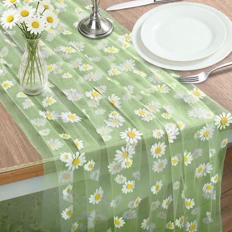 Tischläufer 75 x 300 cm, sommergrüner Tischläufer, Frühlings-Tischläufer, Tischläufer mit Gänseblümchenmuster, bestickter Tüll und Spitze (1/5)