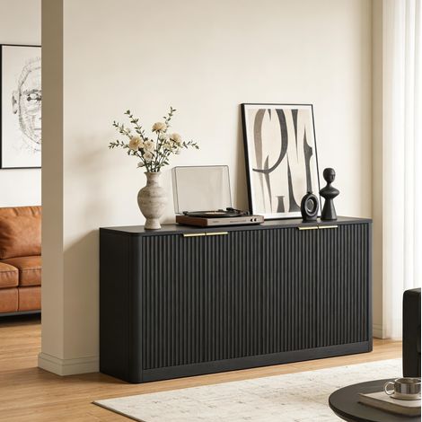 Aparador de 150 cm con 4 puertas, diseño ondulado, MDF negro para salón, cocina y dormitorio (1/5)