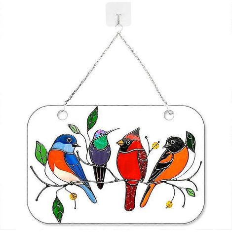 Ornements de fenêtre avec oiseaux colorés, panneau décoratif pour porche d'entrée, suspensions de porte rustiques, panneau mural à suspendre au porche - 4 oiseaux (1/5)