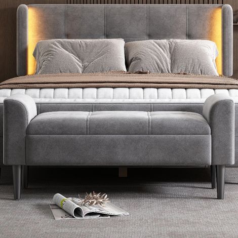 Bout de lit gris en velours 116 cm - Banquette capitonnée avec accoudoirs, banc d'intérieur élégant pour chambre à coucher et salon (1/5)