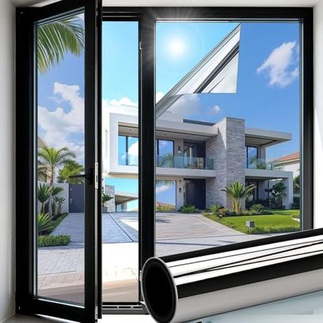 Hitzeschutzfolie Fenster außen & Innen 60x200cm Spiegelfolie Fenster Sichtschutz Fensterfolie Hitzeschutz Sonnenschutzfolie UV Schutzfolie Thermofolie Fenster gegen Hitze für Sommer Silber (1/5)