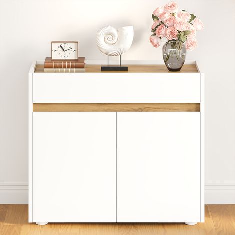 Modernluxe - Buffet/Classeur 80x40x70 cm - 1 tiroir et 2 portes - Étagères réglables - Meuble de rangement - Panneaux de particules - Blanc (1/5)