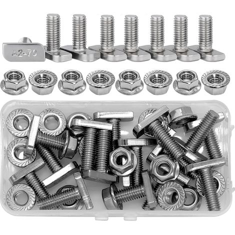 Lot de 16 vis à tête marteau M8 x 25 mm en acier inoxydable A2-70, avec écrou à dents de blocage hexagonales M8 pour modules PV, photovoltaïque, profilé en aluminium, serre, rail de montage (1/5)