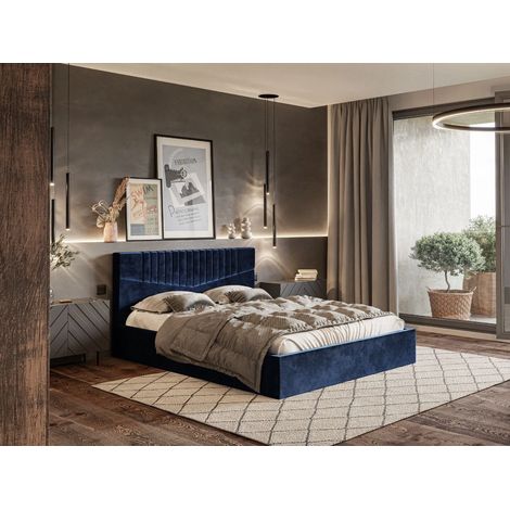 Lit rembourré avec rangement 120x200 velours bleu marine Lido (1/5)