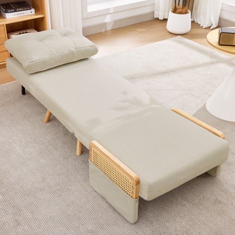 DESMIU Fauteuil convertible 1 place avec dossier réglable 5 positions et accoudoirs en rotin en lin Beige (1/5)