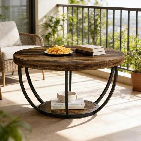 Table basse ronde rustique en bois et métal avec double niveau (1/5)