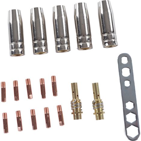 Kit consommables torche à souder cuivre pour MB15 15AK MIG: 10 pointes contact, 5 buses protection, 2 tiges connexion, 1 clé (1/5)