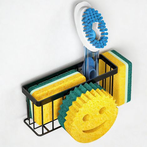 Support Pour Éponge - Porte-Éponge De Cuisine En Acier Inoxydable 304 - Avec Ventilation À Structure Creuse - Fixation Par Ventouse Ou Bande Adhésive - Noir (1/5)