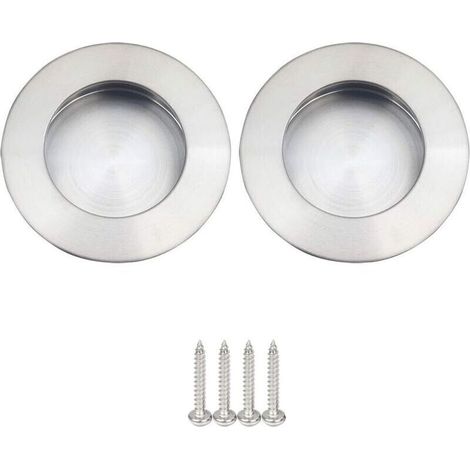 Lot de 2 poignées rondes encastrables pour porte coulissante, en acier inoxydable brossé satiné, argenté
