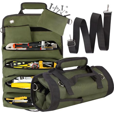 Sac à outils enroulable vert, cadeau homme robuste, rangement portable pour outils, étui électrique avec 2 pochettes zippées amovibles, coffret de transport pour bricoleur, idée cadeau fête des pères (1/5)
