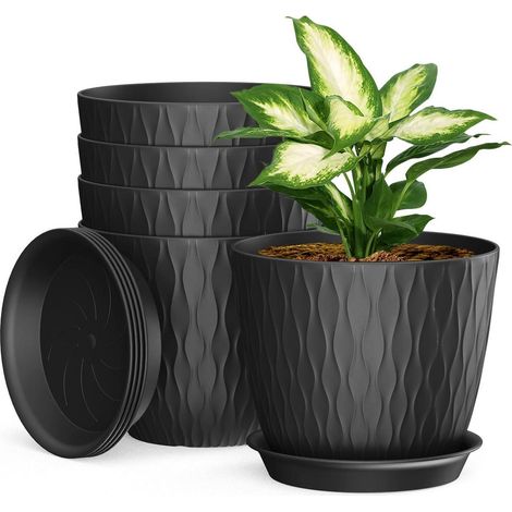 5er-Set Blumentöpfe 17,5 cm mit Untersetzer, gestreift, Kunststoff, schwarz (1/5)