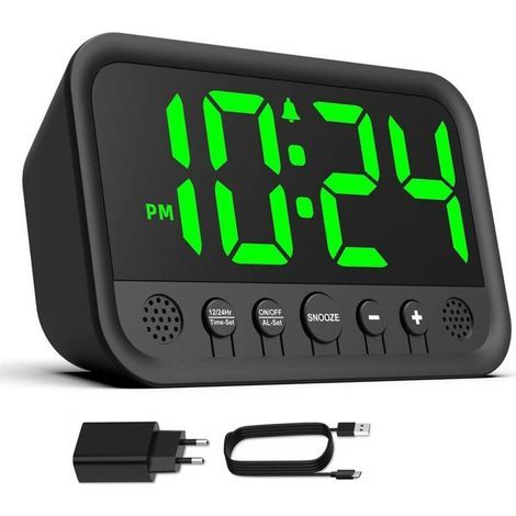 Réveil Numérique avec Indicateur LED Vert pour Chambre à Coucher, Réveil Haut pour Dormeurs Lourds, Reveil sur Secteur (Adaptateur Inclure) avec Volume Réglable, Luminosité, Snooze, 12/24 (1/4)