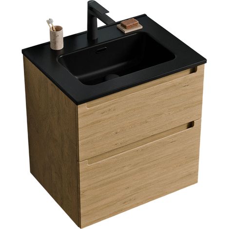 BERNSTEIN - Muebles de baño suspendidos, muebles de cuenca negra con 2 cajones - 5 años de garantía - 64x61x47cm - Blanchi Oak - Vireo Roble Miel Oro (1/5)