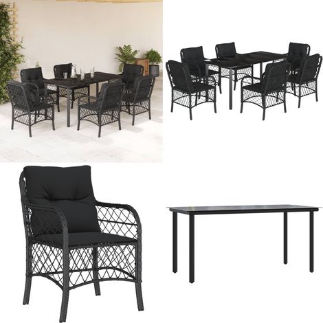 7-tlg. Garten-Essgruppe mit Kissen Schwarz Poly Rattan - Gartenessgruppe - Gartenstuhl (1/5)