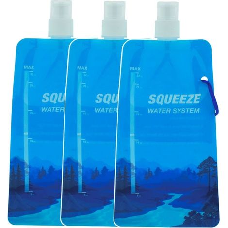 Botella de agua AllSpares de 0,65 l con bolsa flexible (3 unidades): botellas reutilizables para camping, senderismo, actividades al aire libre y emergencias. (1/3)