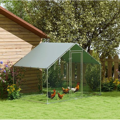 OKMYHOME Hühnergehege für außen 3 x 1,7 x 1,9 m mit wasserdichtem UV-Dach, Silber (1/5)